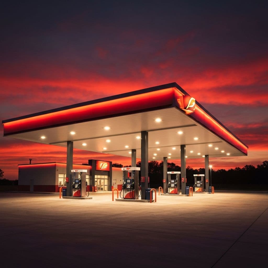 Modern gas station at sunset